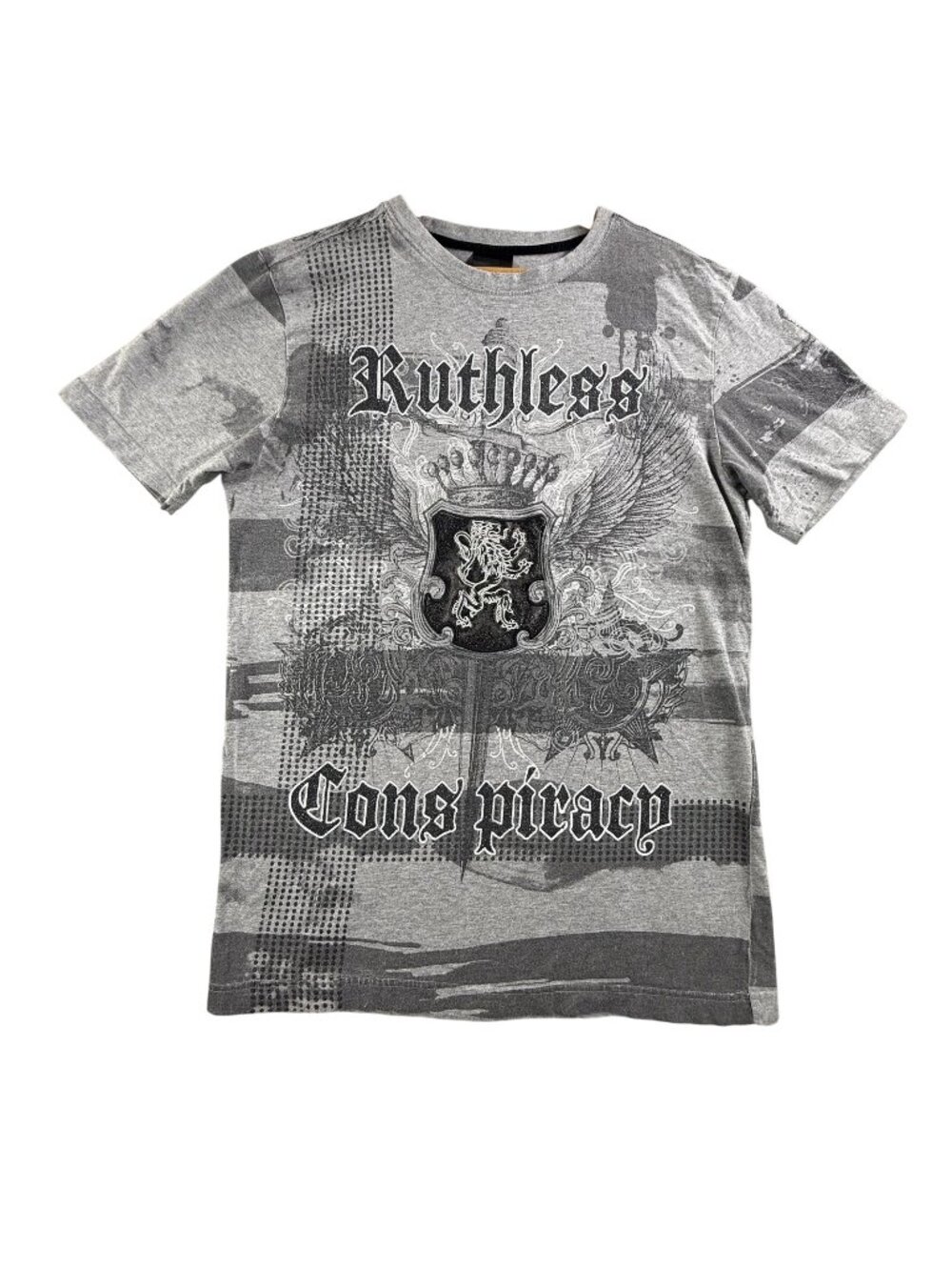 Raw Blue Ruthless Conspiracy Shirt Mens Large Gray Winged Crest Graphic Tee AOP